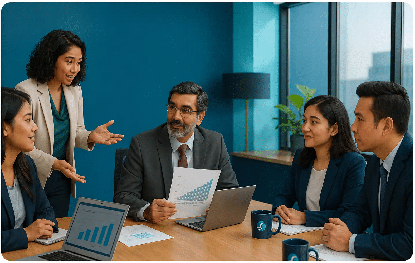 Auditors and accountants reviewing financial reports and charts during a meeting in a Dubai office